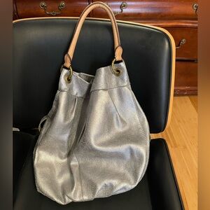 J. Crew Metallic Silver Shoulder Bag with Brown Handles